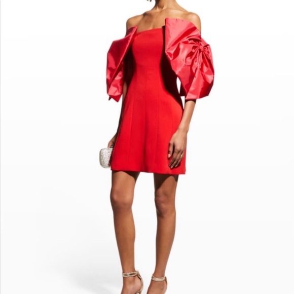 NWT TOCCIN Double Bow Sleeve Off the Shoulder Holiday Christmas mini Dress - Picture 6 of 16